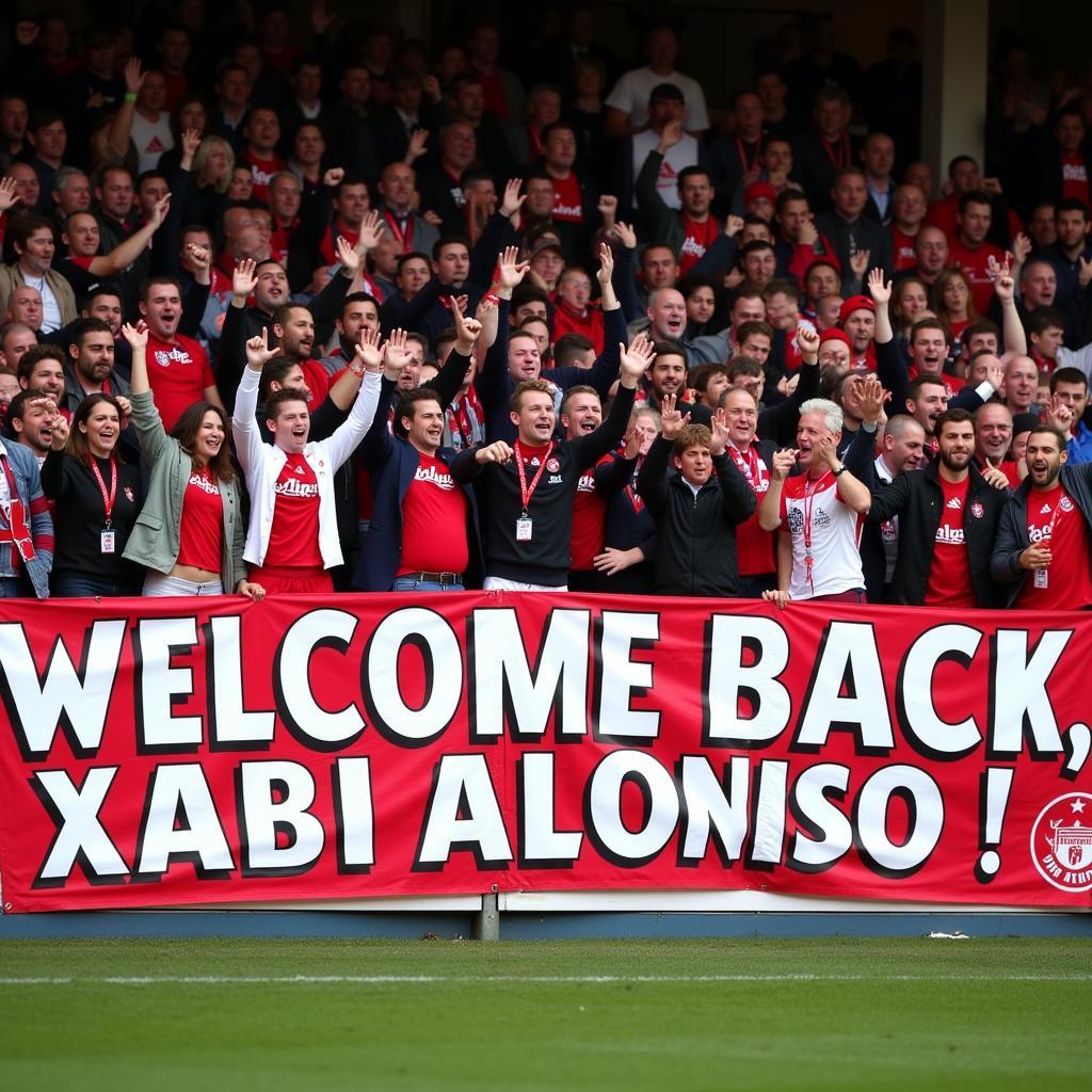 Jubelnde Fans von Bayer 04 Leverkusen im Stadion mit einem Banner "Willkommen zurück, Xabi Alonso".