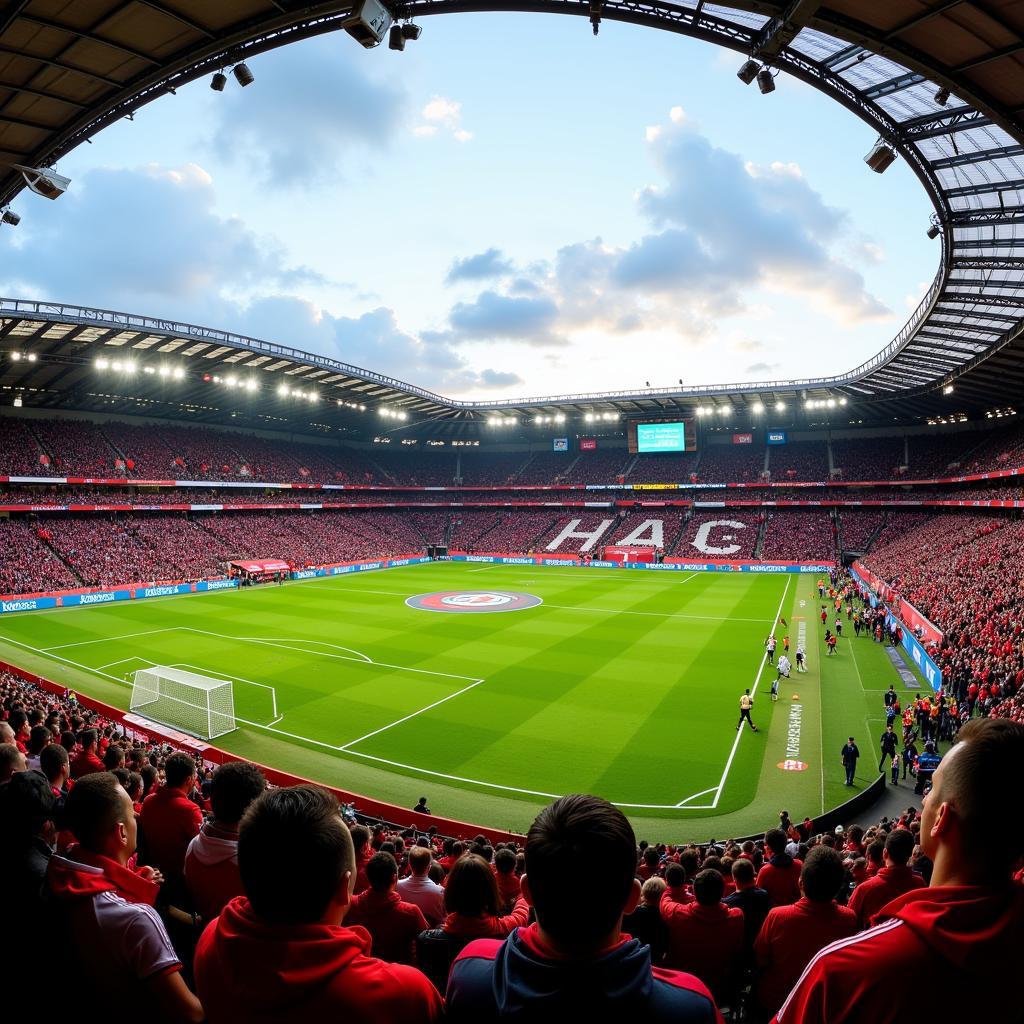 Fans beider Mannschaften im Stadion bei einem Spiel Bayer 04 Leverkusen gegen Borussia Dortmund