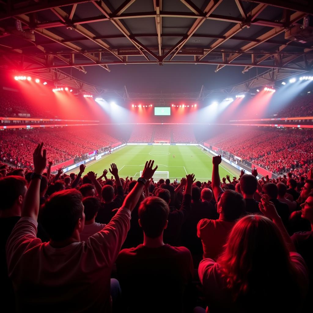 Fans von Bayer 04 Leverkusen im Stadion, die die elektrisierende Atmosphäre während eines Live-Spiels genießen.