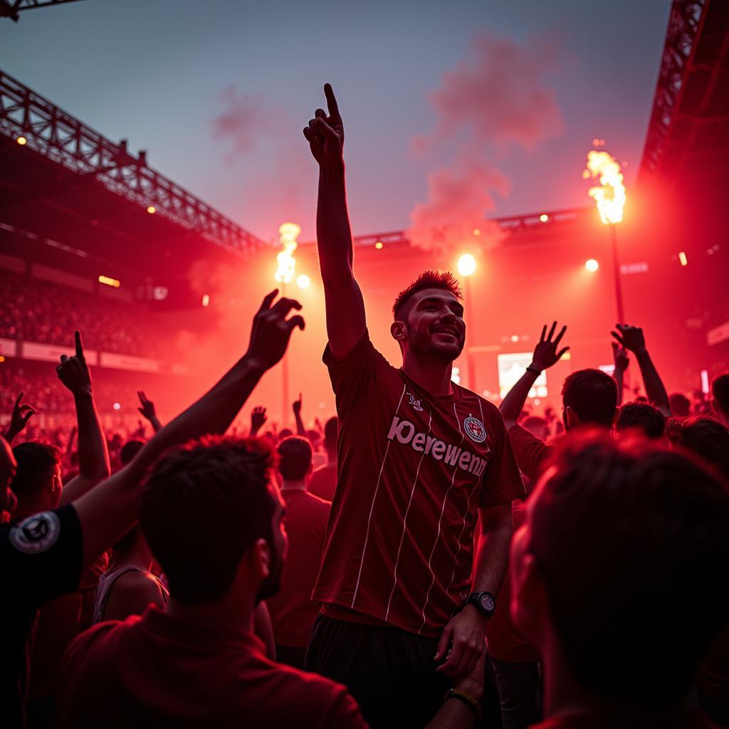 Fans von Bayer 04 Leverkusen feiern einen Sieg