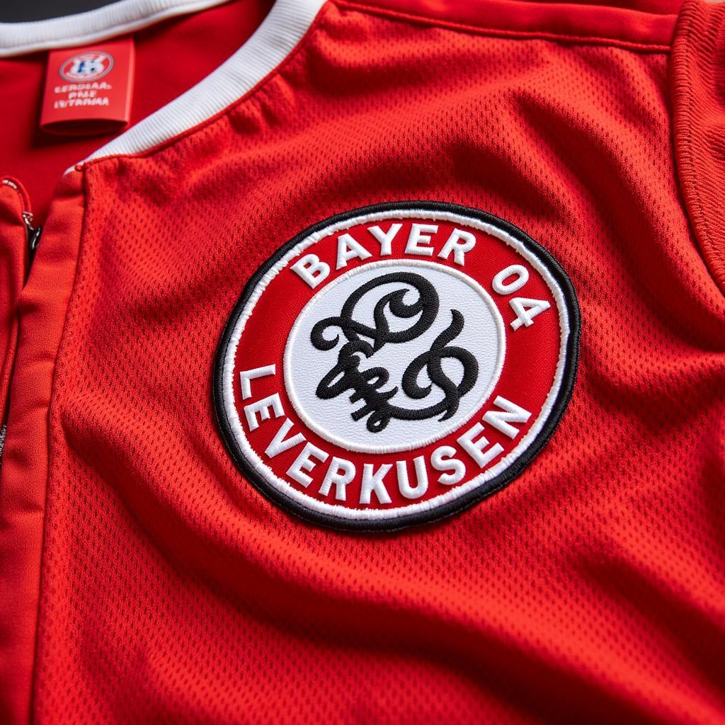 Detailansicht des Bayer 04 Leverkusen Jerseys: Nahaufnahme der hochwertigen Materialien, Nähte und des Vereinswappens.