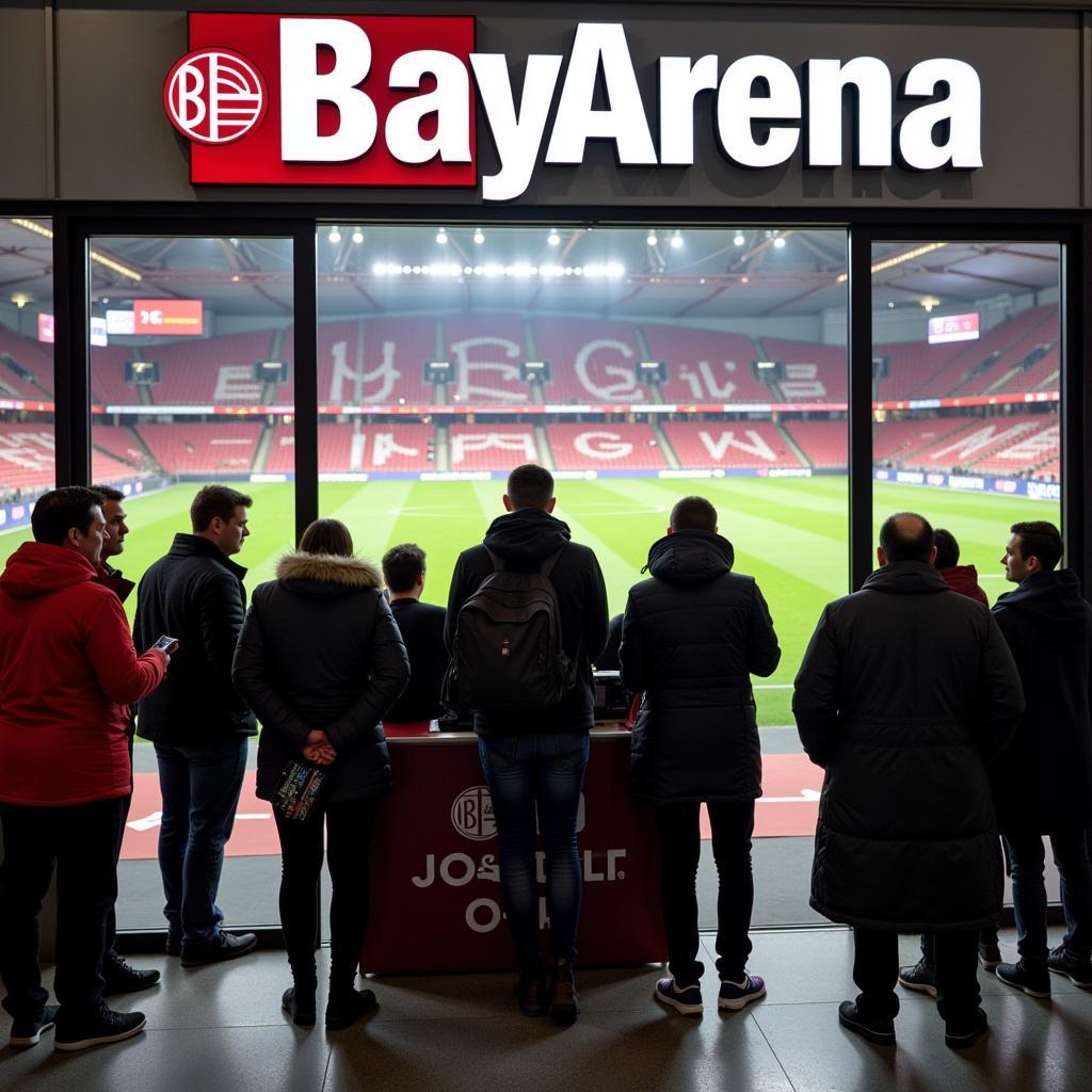 Bayer 04 Leverkusen Tickets - Stadionvorverkauf: Fans stehen Schlange am Ticketschalter im Stadion, um Tickets zu kaufen. Im Hintergrund sieht man das BayArena Stadion.