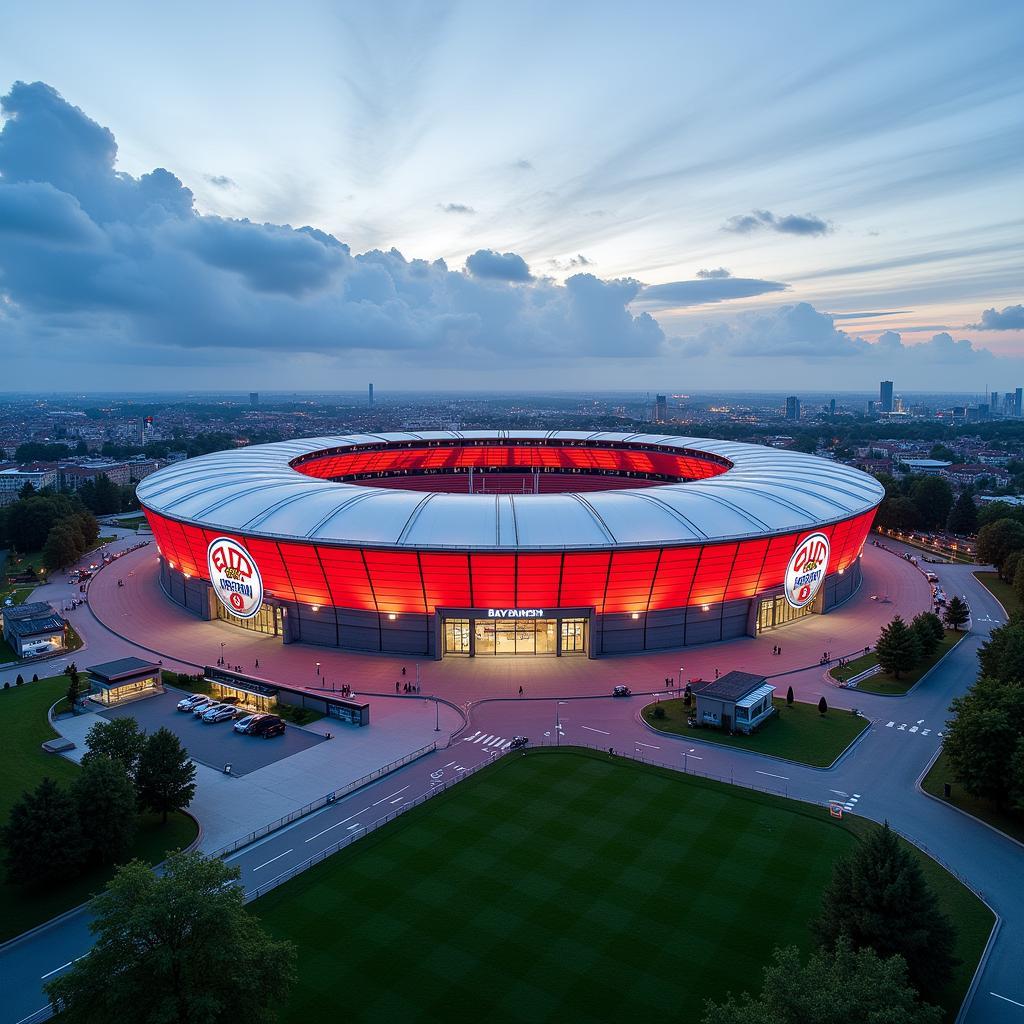 Die BayArena, Heimstätte von Bayer 04 Leverkusen, in unmittelbarer Nähe zum Bayer Headquarters.