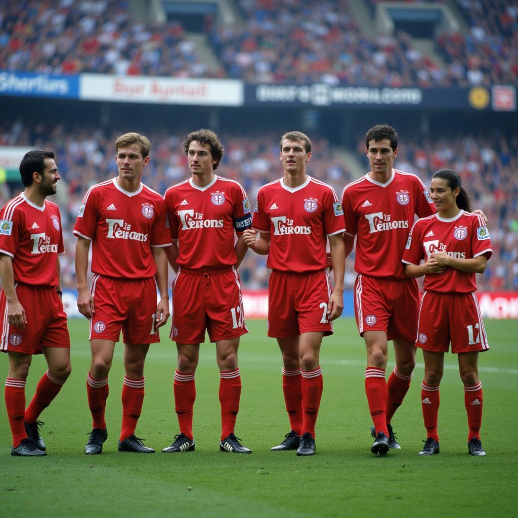 Bayer Leverkusen Mannschaft 1995 im Stadion mit ihren Trikots.