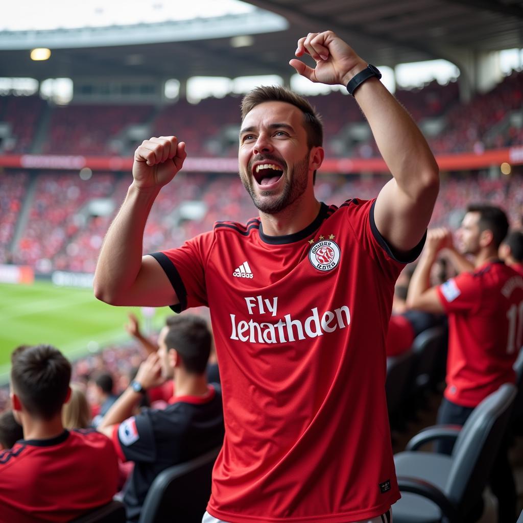 Bayer Leverkusen adidas Trikot Home: Ein Fan trägt das neue Trikot im Stadion und jubelt seiner Mannschaft zu.