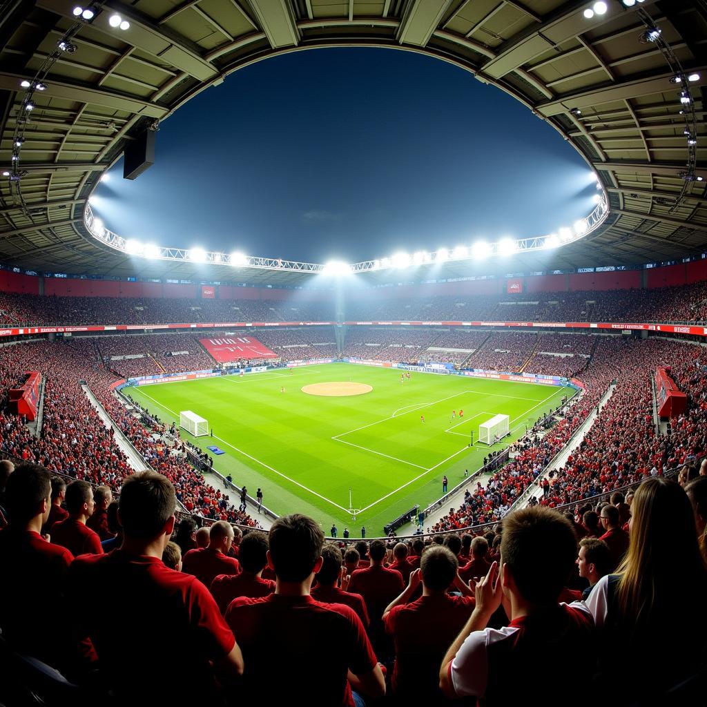 Innenansicht der Bayer Leverkusen Arena während der WM 2006, gefüllt mit jubelnden Fans.