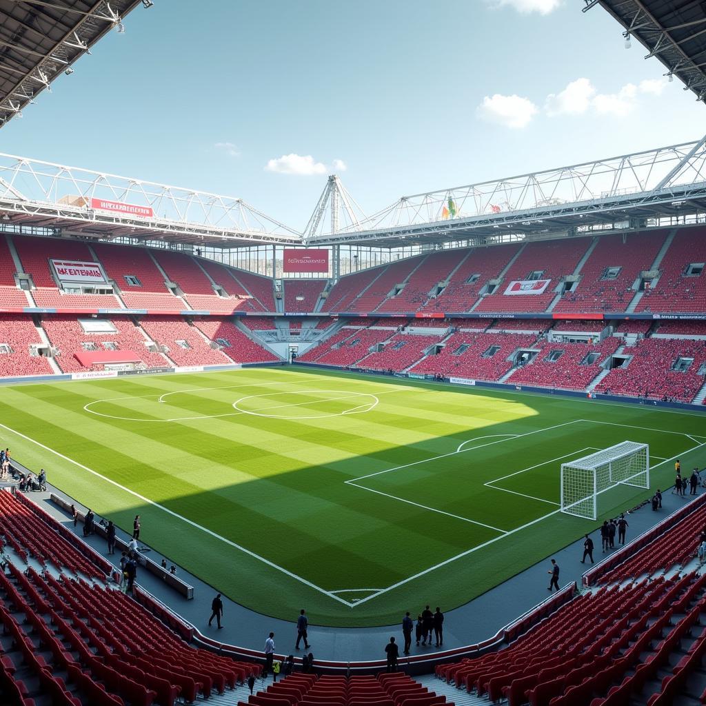 Visualisierung der geplanten Modernisierung der Bayer Leverkusen Arena mit neuen Technologien und erweiterten Flächen.