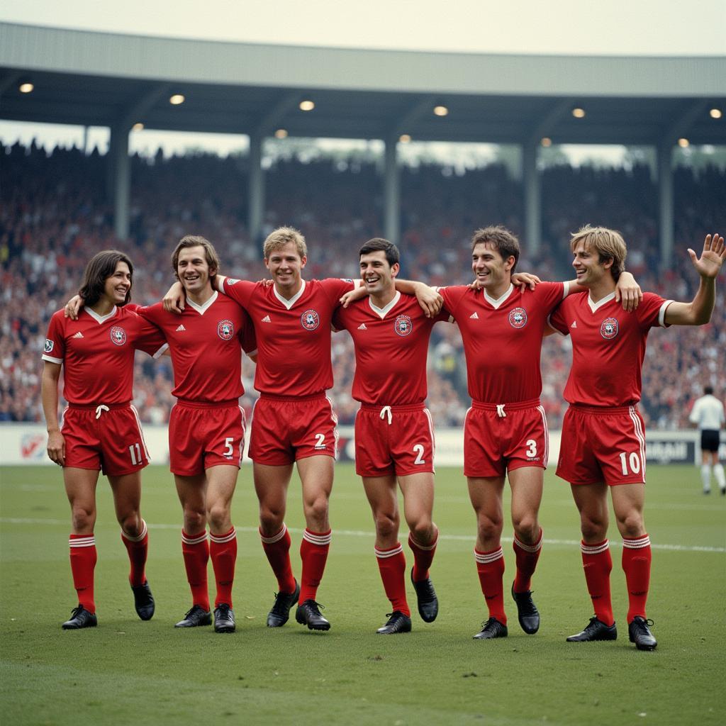 Bayer Leverkusen feiert den Aufstieg in die Bundesliga in den 1970er Jahren. Die Mannschaft jubelt auf dem Spielfeld.