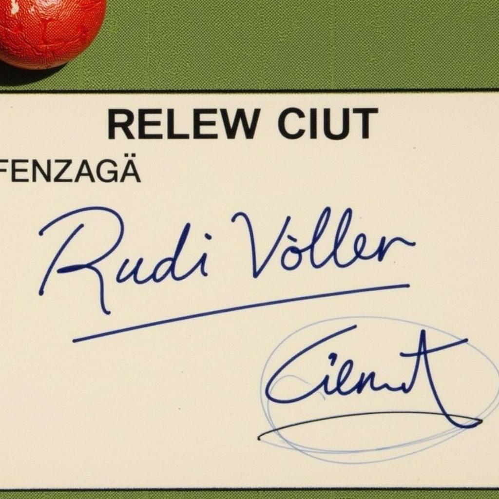 Nahaufnahme einer seltenen signierten Autogrammkarte von Rudi Völler im perfekten Zustand.