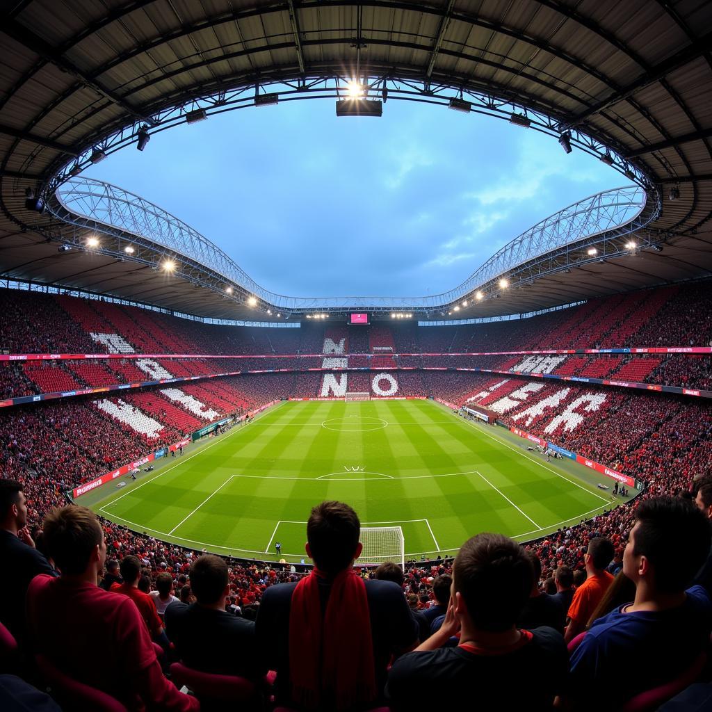 Fans von Bayer Leverkusen und Barcelona im Stadion