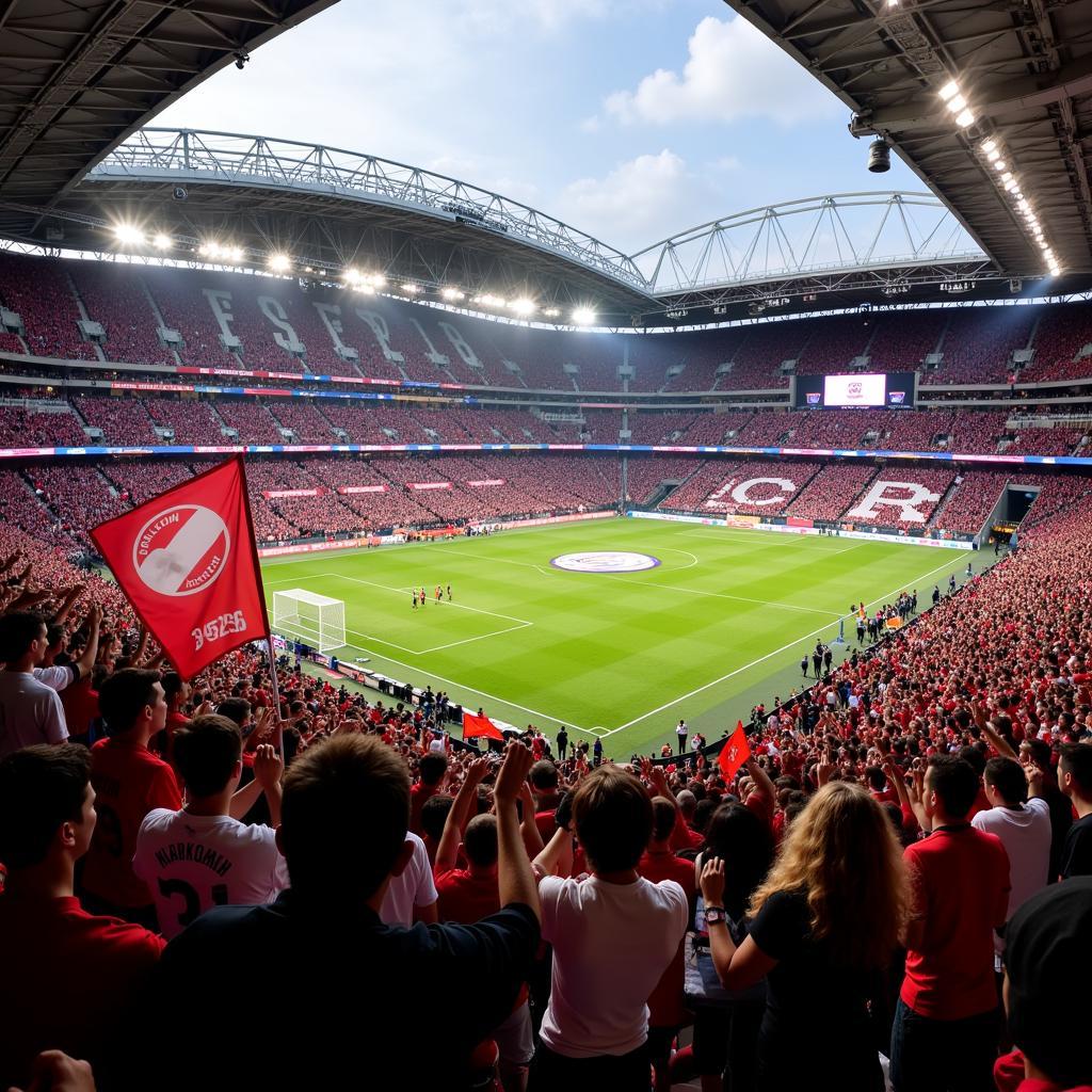 Fans von Bayer Leverkusen und Bayern München im Stadion