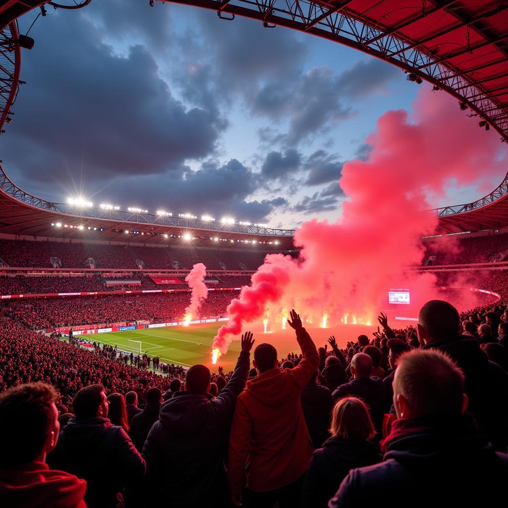 Fans im Stadion bei einem Spiel Bayer Leverkusen gegen Bayern München