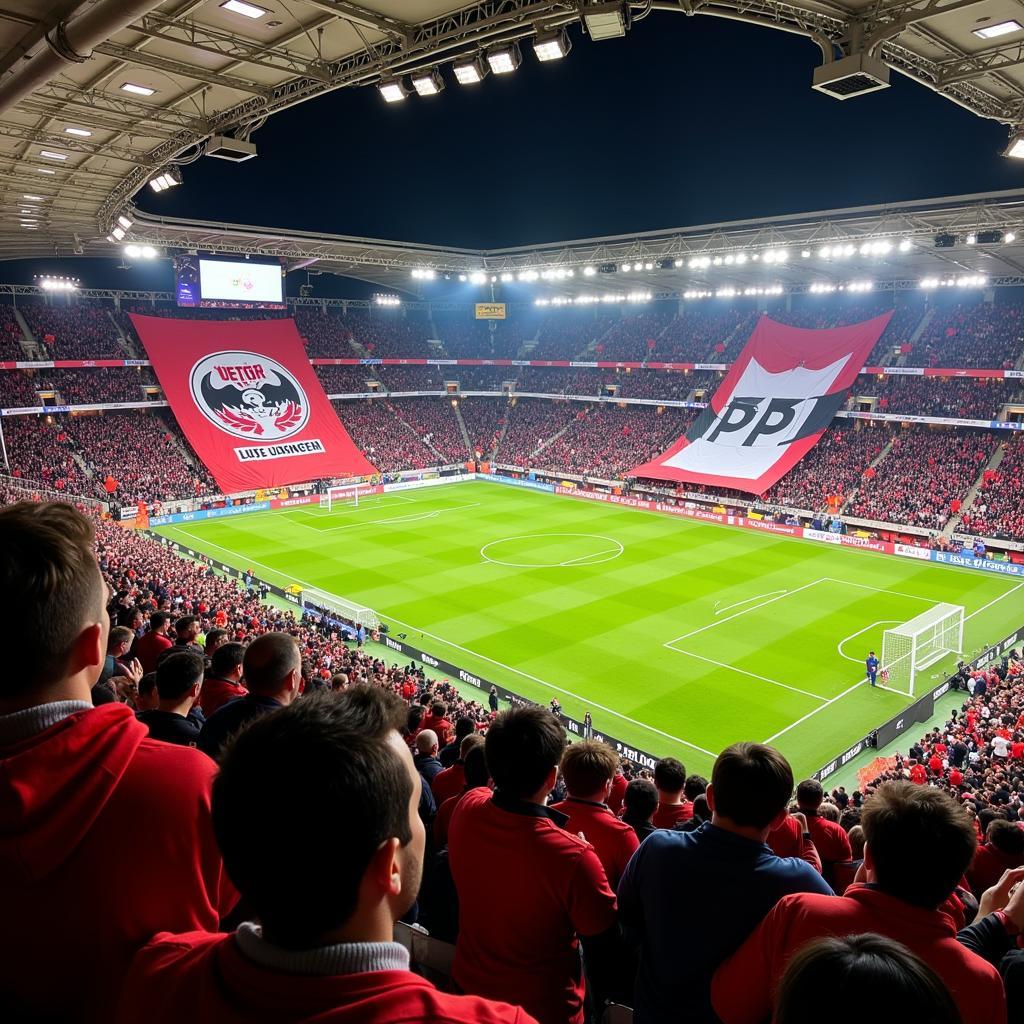 Fans von Bayer Leverkusen und einem Berliner Verein im Stadion.