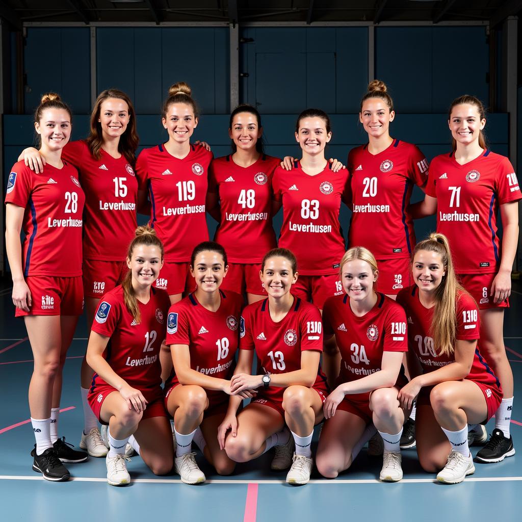 Bayer Leverkusen Damen Handball Bundesliga-Mannschaft: Gruppenfoto der Spielerinnen in ihren Trikots.