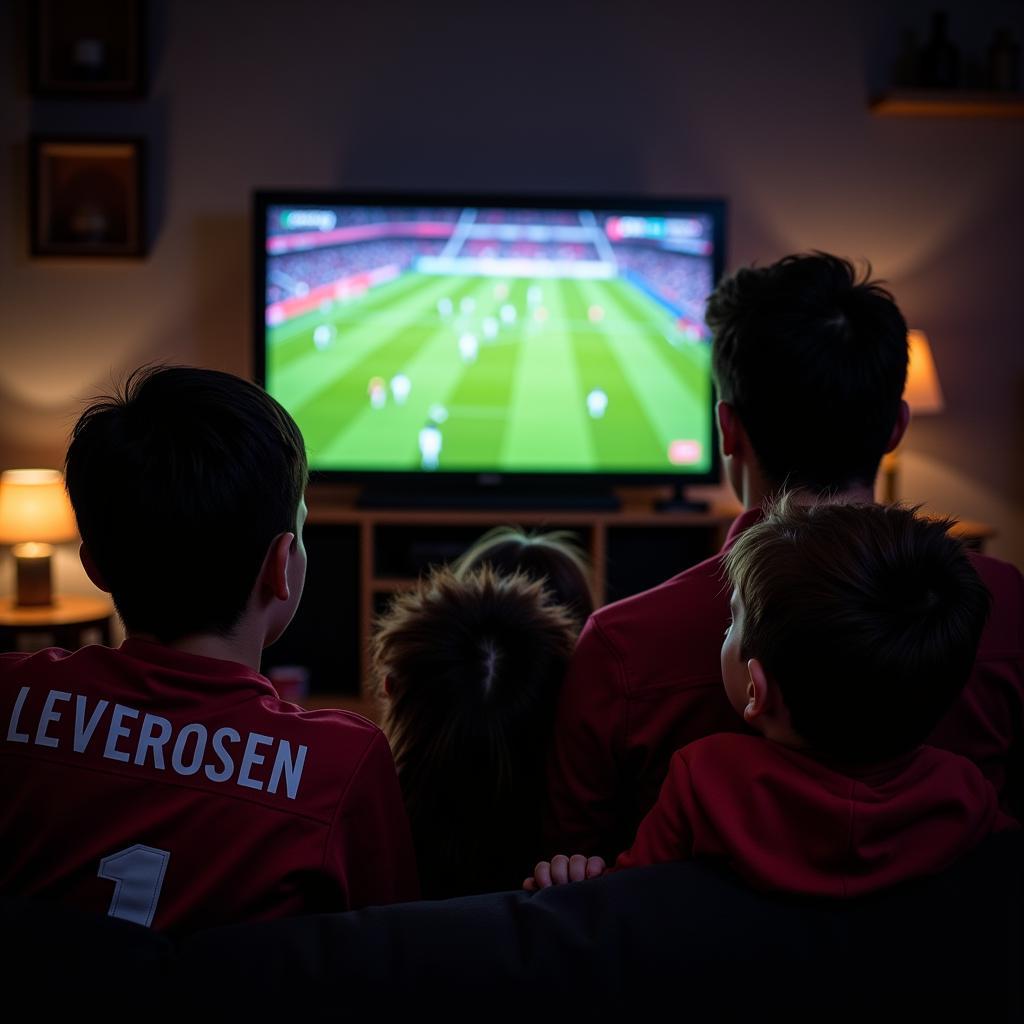 Familie schaut Bayer Leverkusen Spiel im Fernsehen