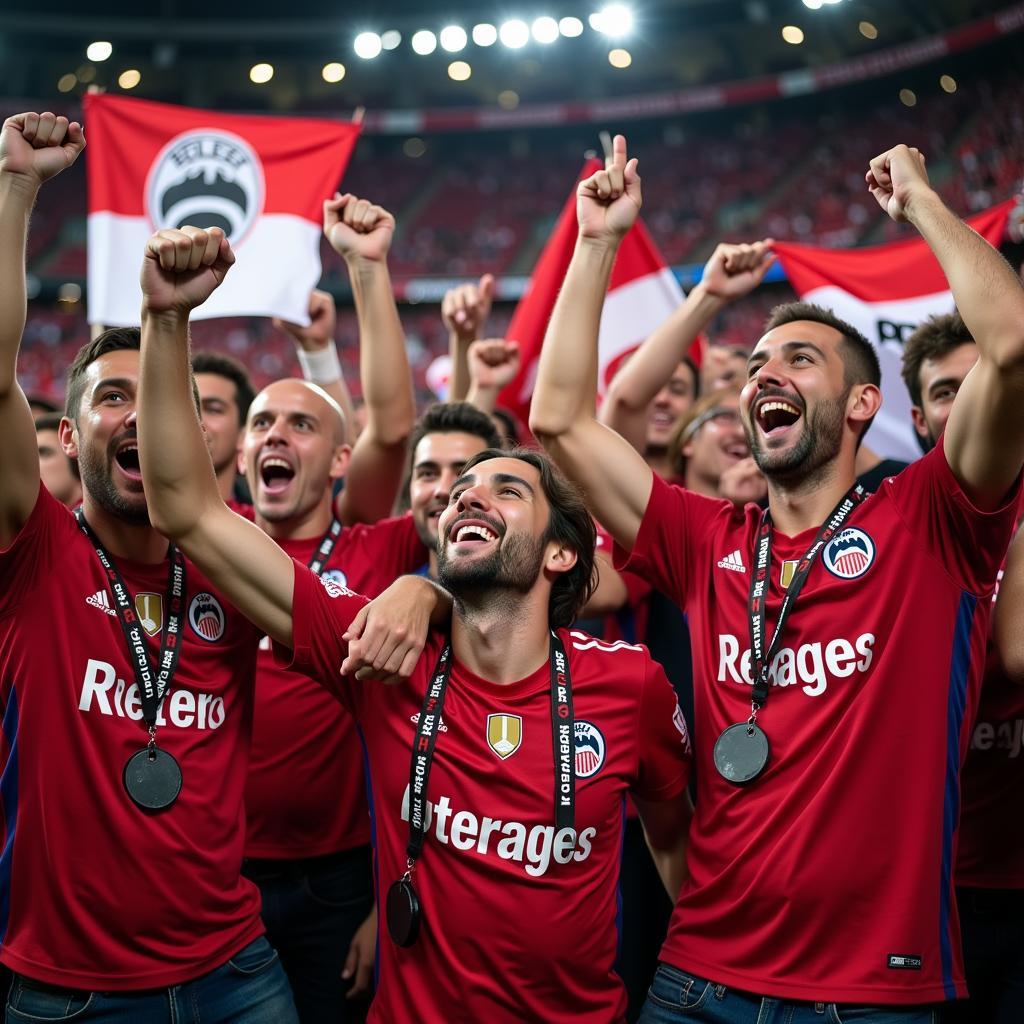 Bayer Leverkusen Fans feiern ein Tor im Stadion