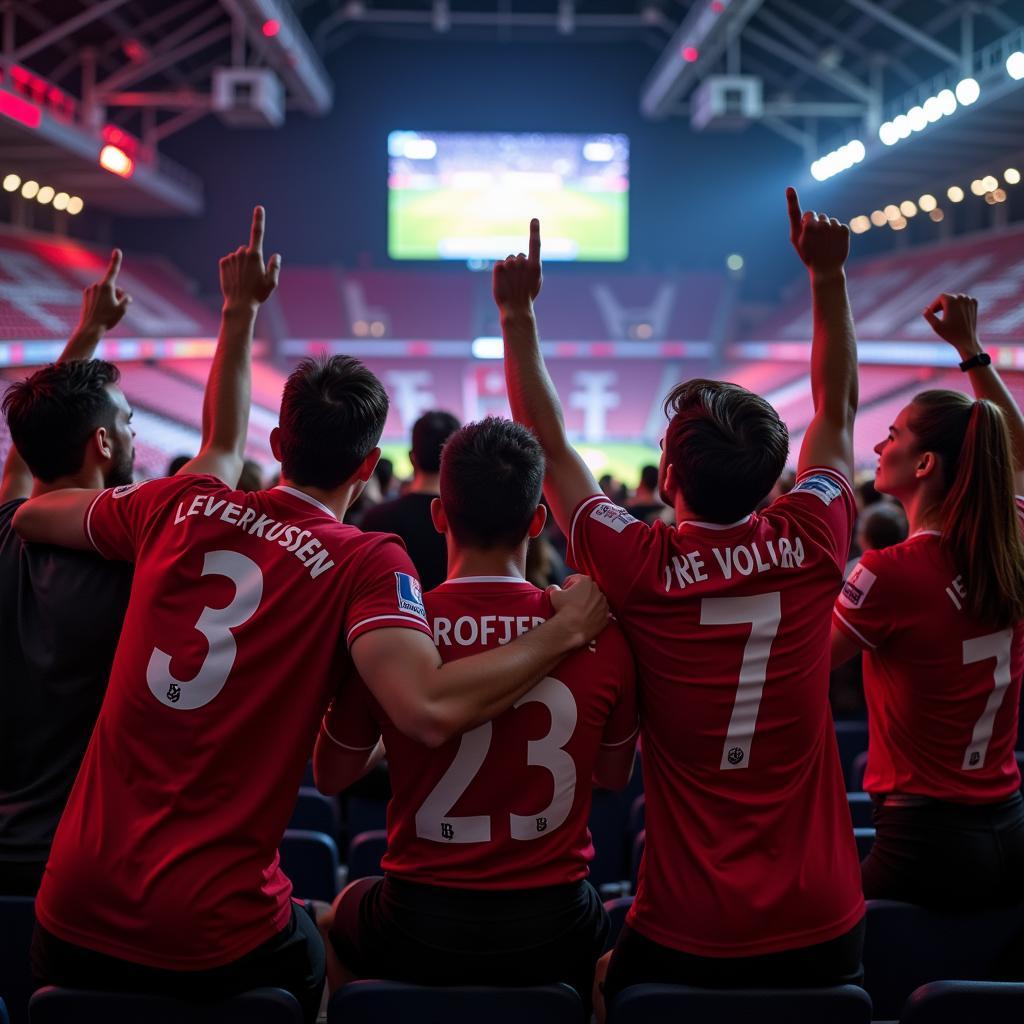 Bayer Leverkusen Fans schauen gemeinsam Fussball