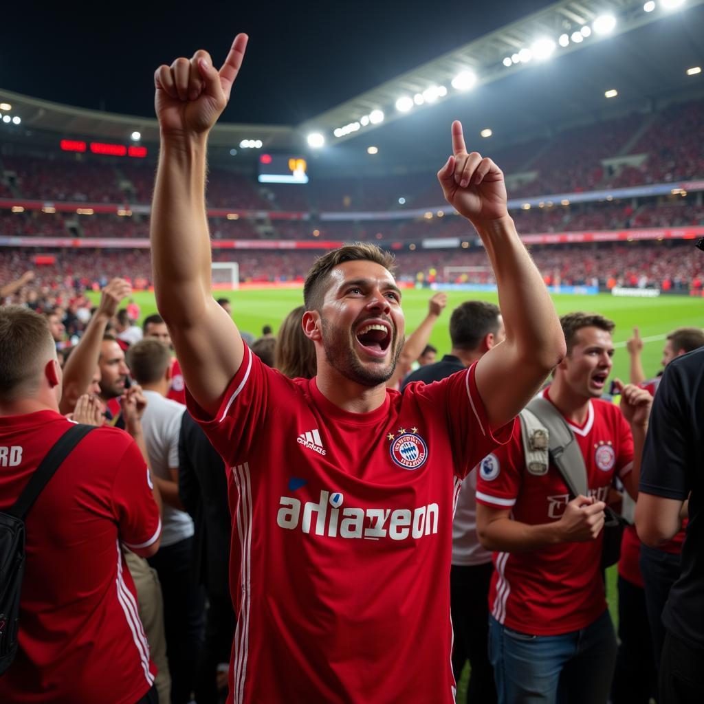 Bayer Leverkusen Fans feiern im Stadion.