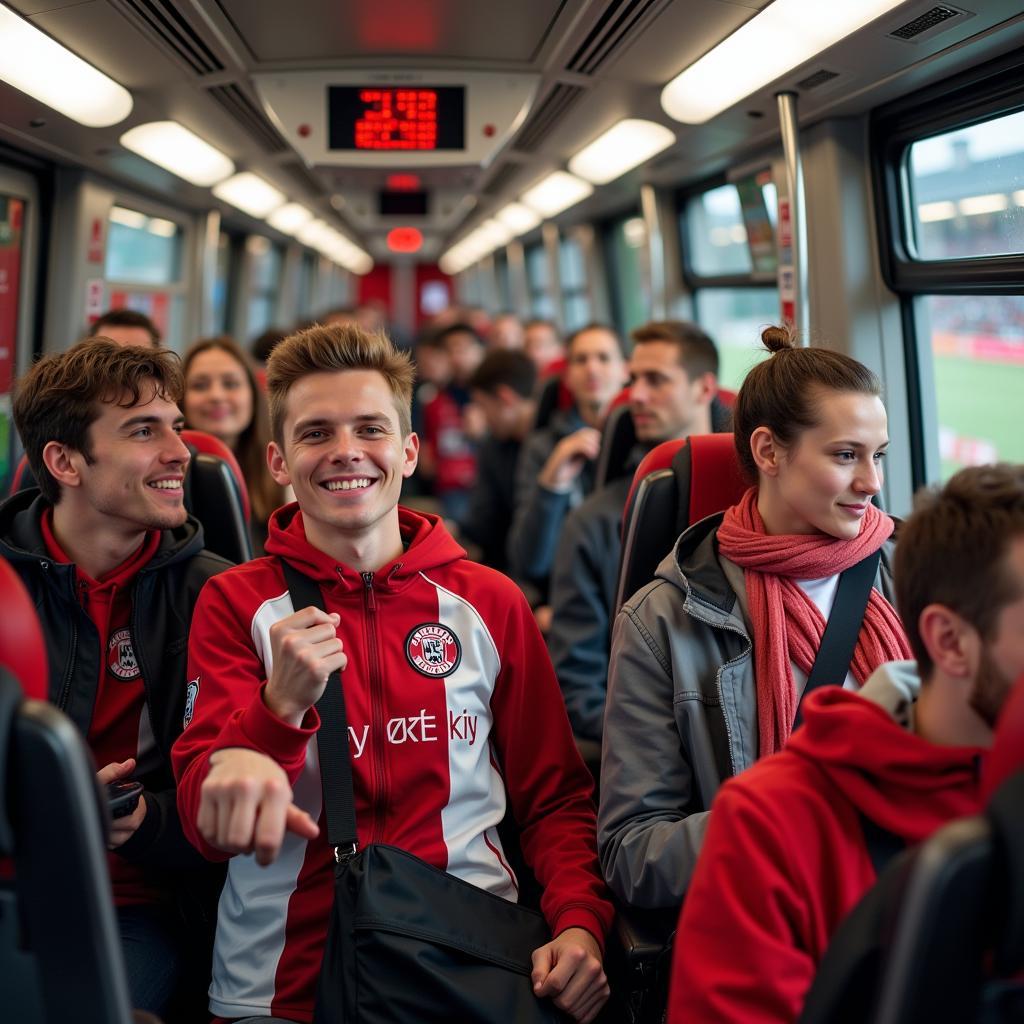 Bayer Leverkusen Fans nutzen die öffentlichen Verkehrsmittel für die Anreise zum Stadion.