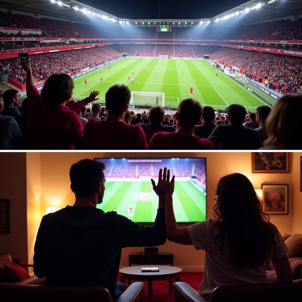 Fans im Stadion und vor dem Fernseher feiern ein Tor von Bayer Leverkusen