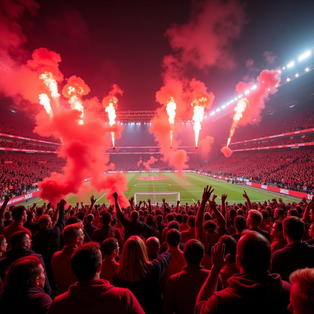 Bayer Leverkusen Fans im Stadion jubeln während eines Free-TV Spiels.