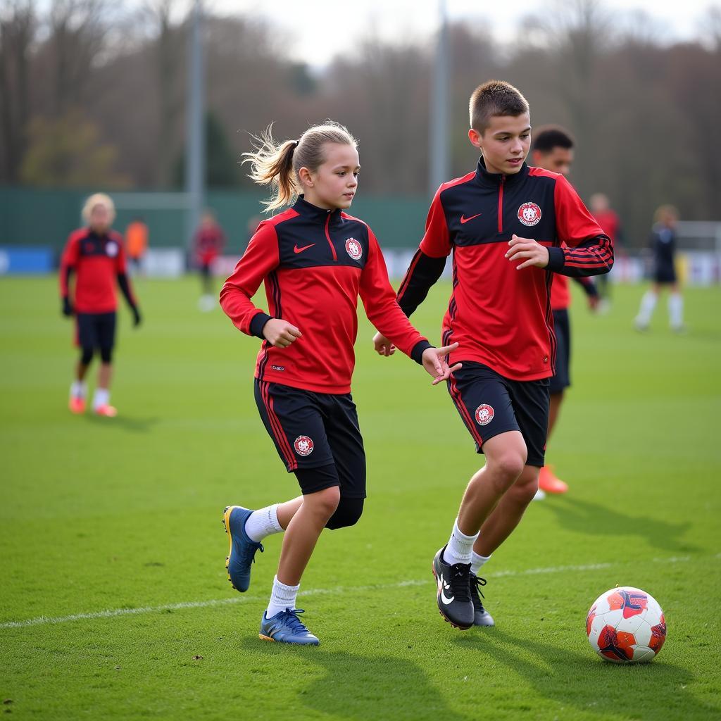 Junge Spieler trainieren in der Bayer 04 Leverkusen Jugendakademie.