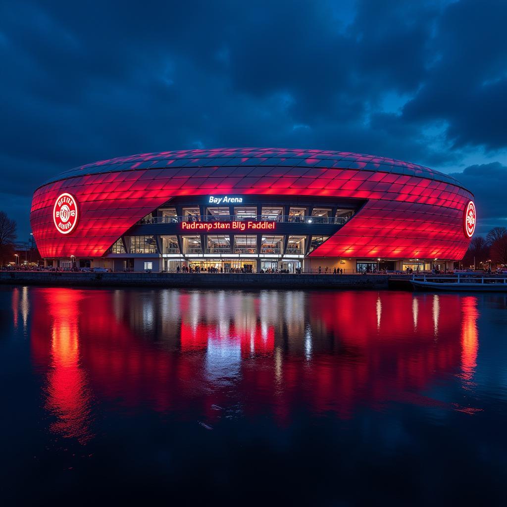 Die BayArena, Heimstadion von Bayer Leverkusen, erstrahlt am Rhein.