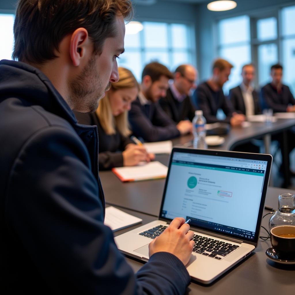 Journalisten analysieren die Aussagen der Pressekonferenz von Bayer Leverkusen