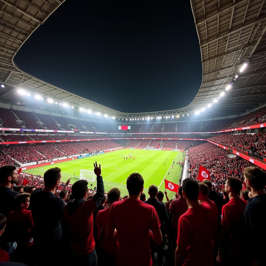 Die elektrisierende Atmosphäre in der BayArena bei einem Heimspiel von Bayer 04 Leverkusen.