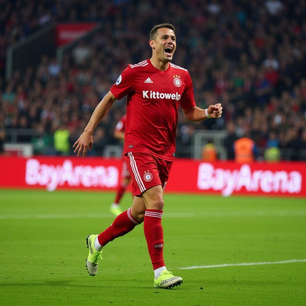 Spieler von Bayer Leverkusen bejubelt ein Tor in der BayArena.