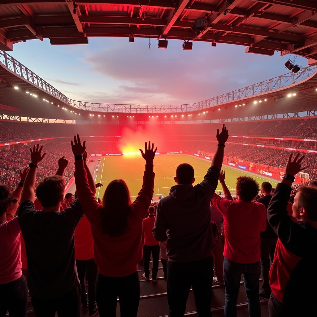 Bayer Leverkusen Torjubel Fans:  Die Fans von Bayer Leverkusen feiern ein Tor ihrer Mannschaft in der BayArena.