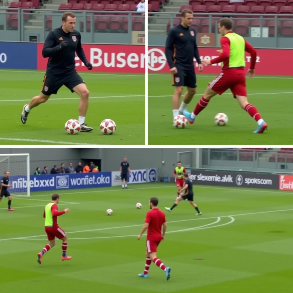 Techniktraining bei Bayer 04 Leverkusen: Spieler üben Ballkontrolle und Passgenauigkeit.