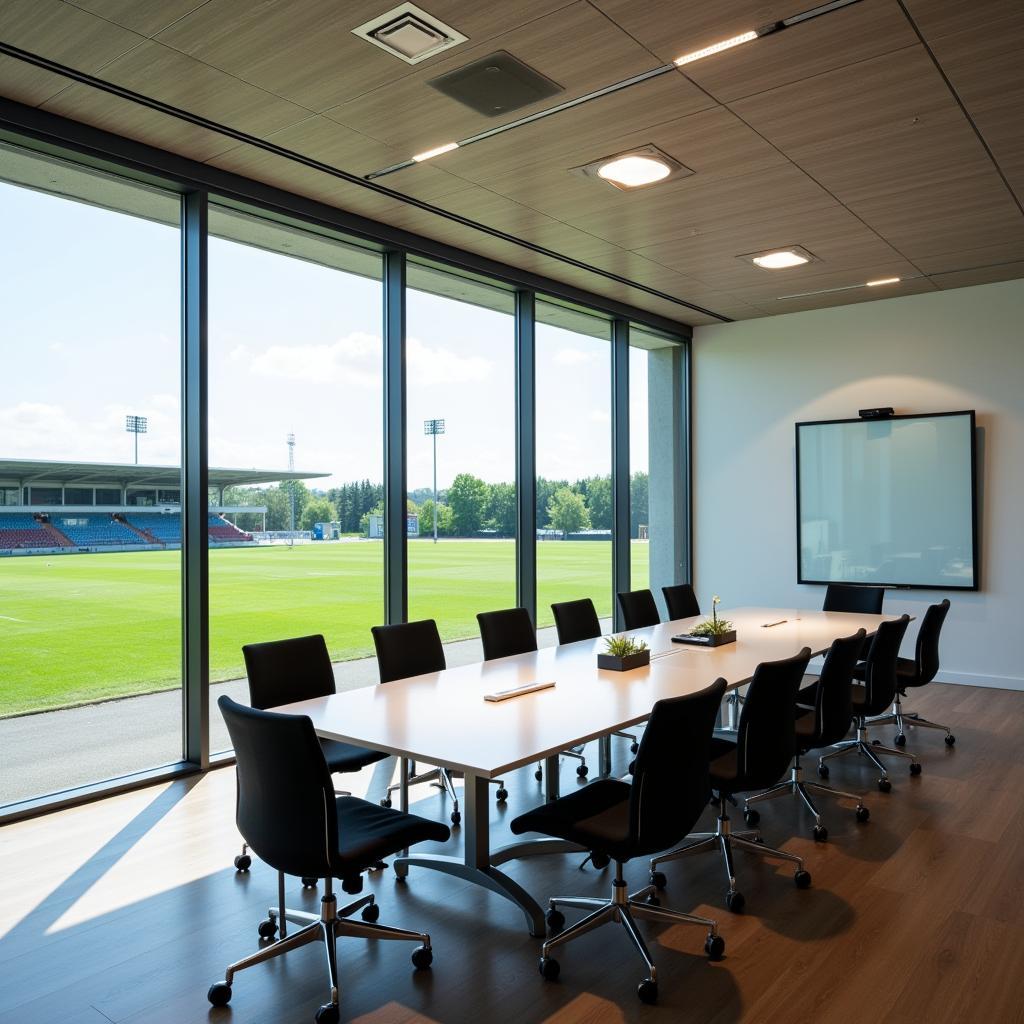 Moderner Konferenzraum im Bayer Leverkusen Gebäude W8 mit Blick auf das Spielfeld.