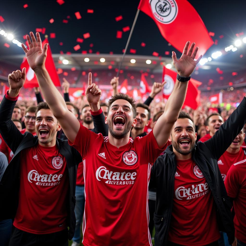 Jubelnde Fans von Bayer Leverkusen im Stadion