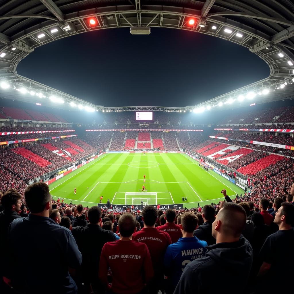 Fans im Stadion bei einem Spiel zwischen Bayern München und Bayer Leverkusen