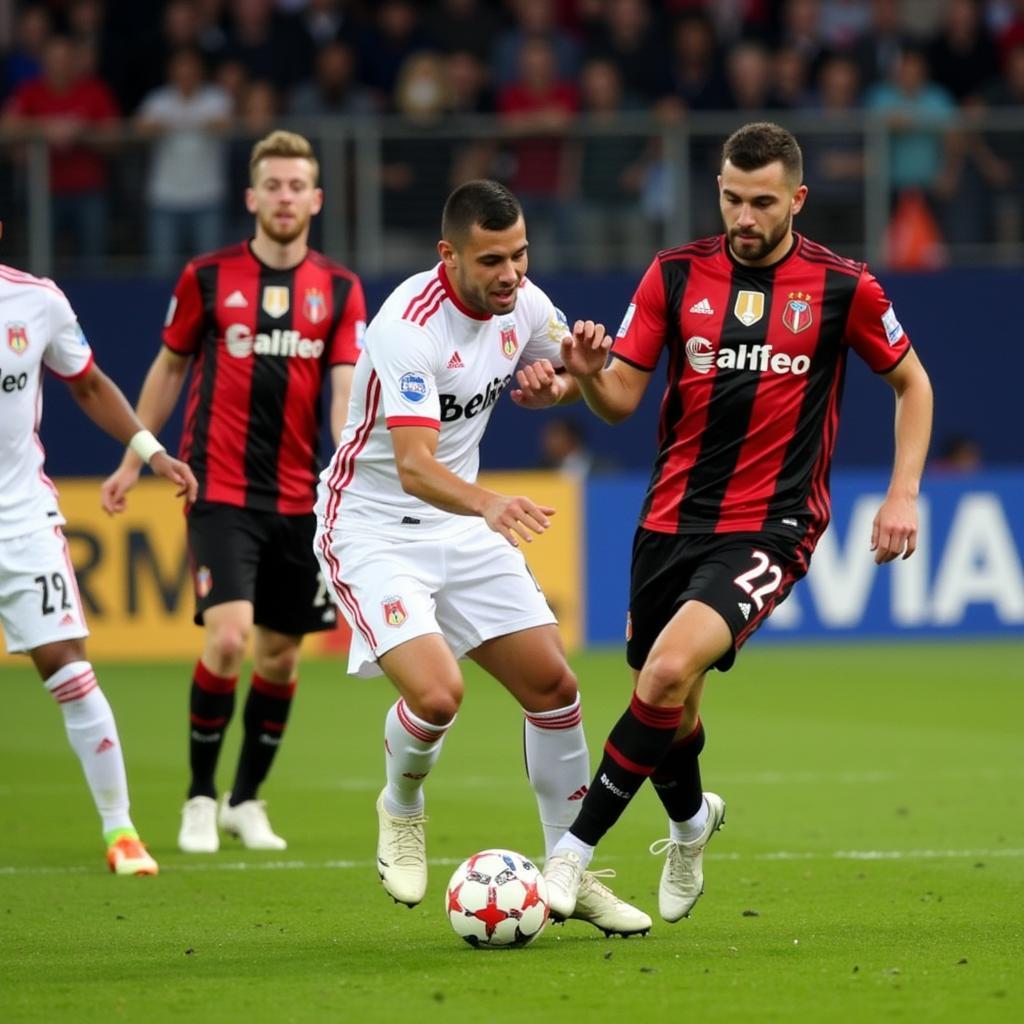 Das Bild zeigt eine spannende Szene aus einem Spiel zwischen Atalanta Bergamo und Bayer 04 Leverkusen, mit Spielern beider Mannschaften im Kampf um den Ball.