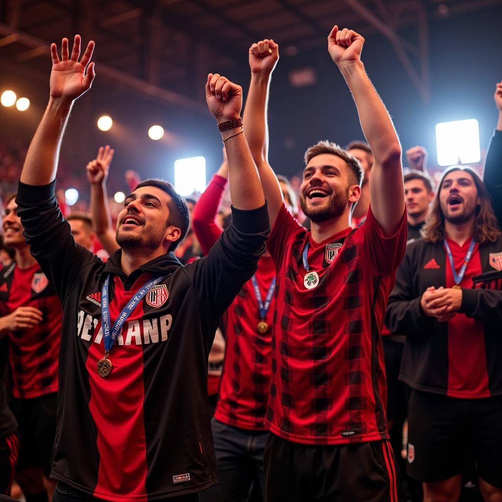 Das Bild zeigt die Fans von Atalanta Bergamo und Bayer 04 Leverkusen, die ihre Mannschaften lautstark unterstützen.