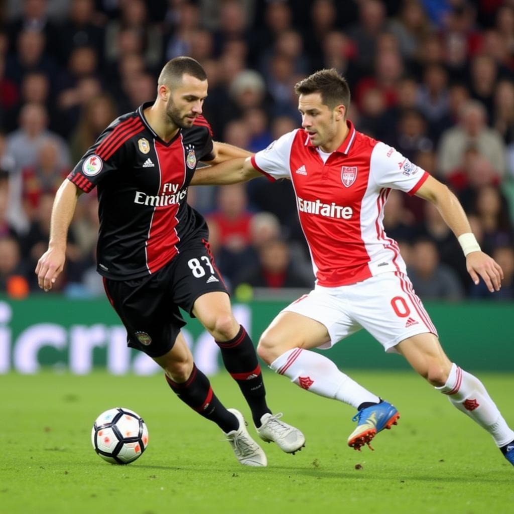 Das Bild zeigt das Mittelfeldduell zwischen Bergamo und Leverkusen, mit Spielern beider Mannschaften im Kampf um den Ball.