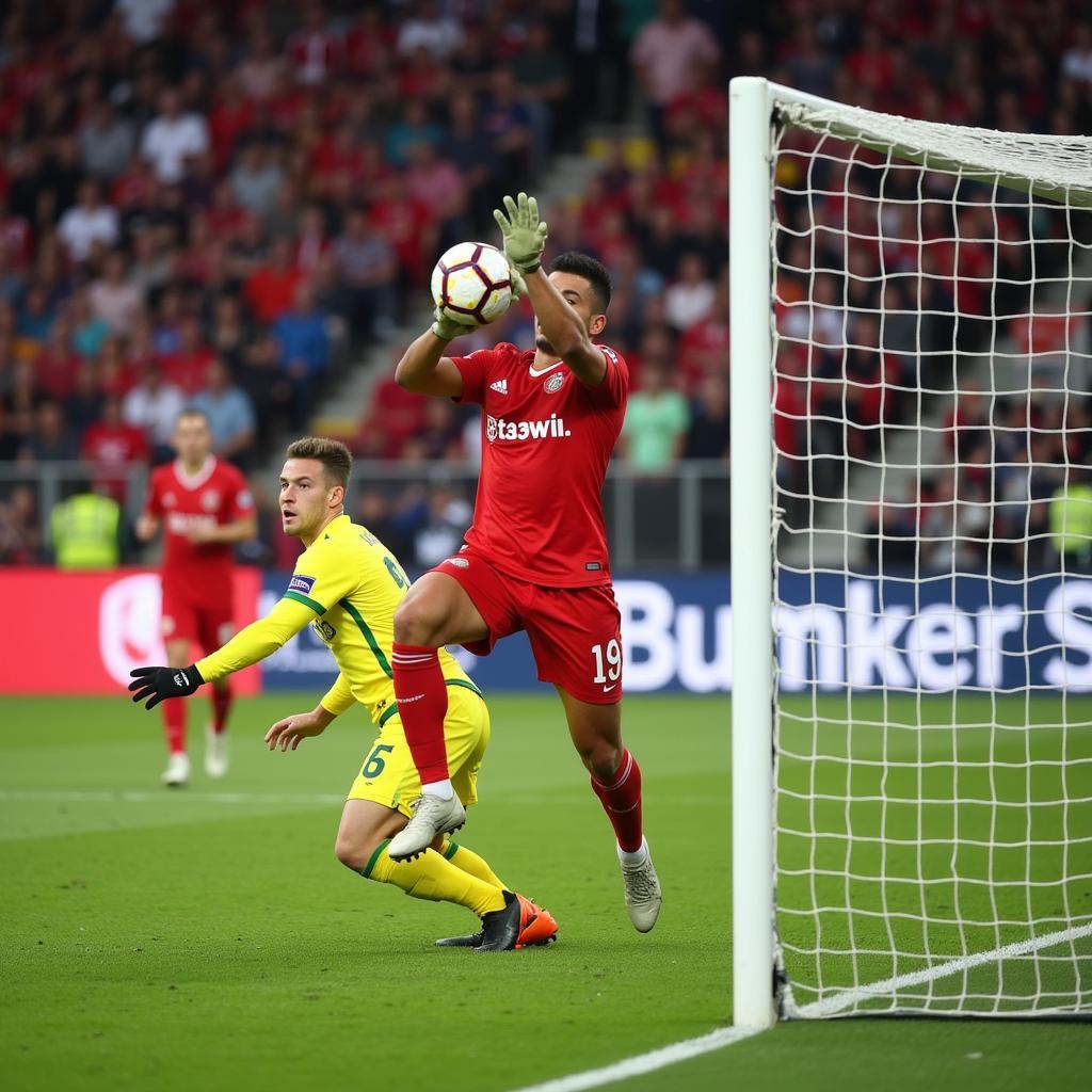 Defensive Stärke der Bayer 04 Leverkusen: Abwehrspieler klärt den Ball vor dem Tor.