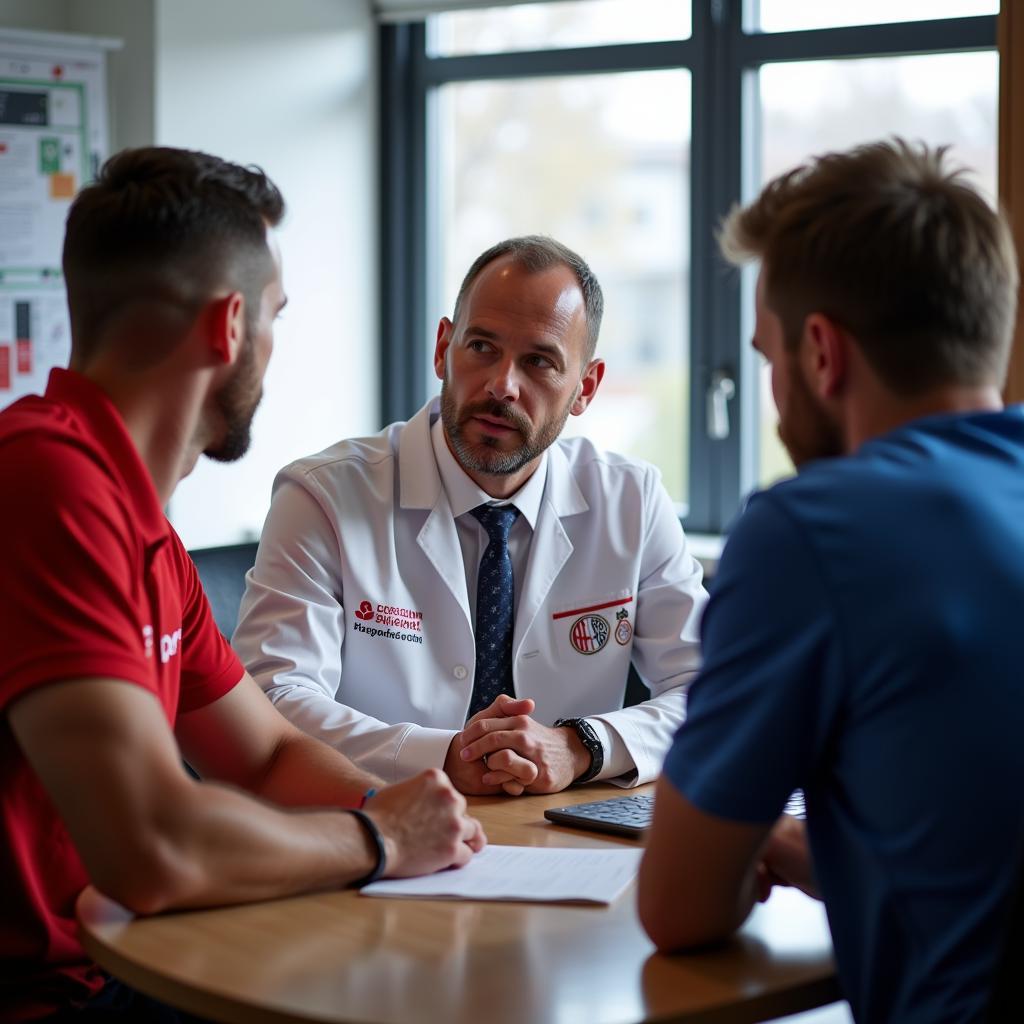 Dr. Franzen im Meeting mit dem medizinischen Team von Bayer 04 Leverkusen.