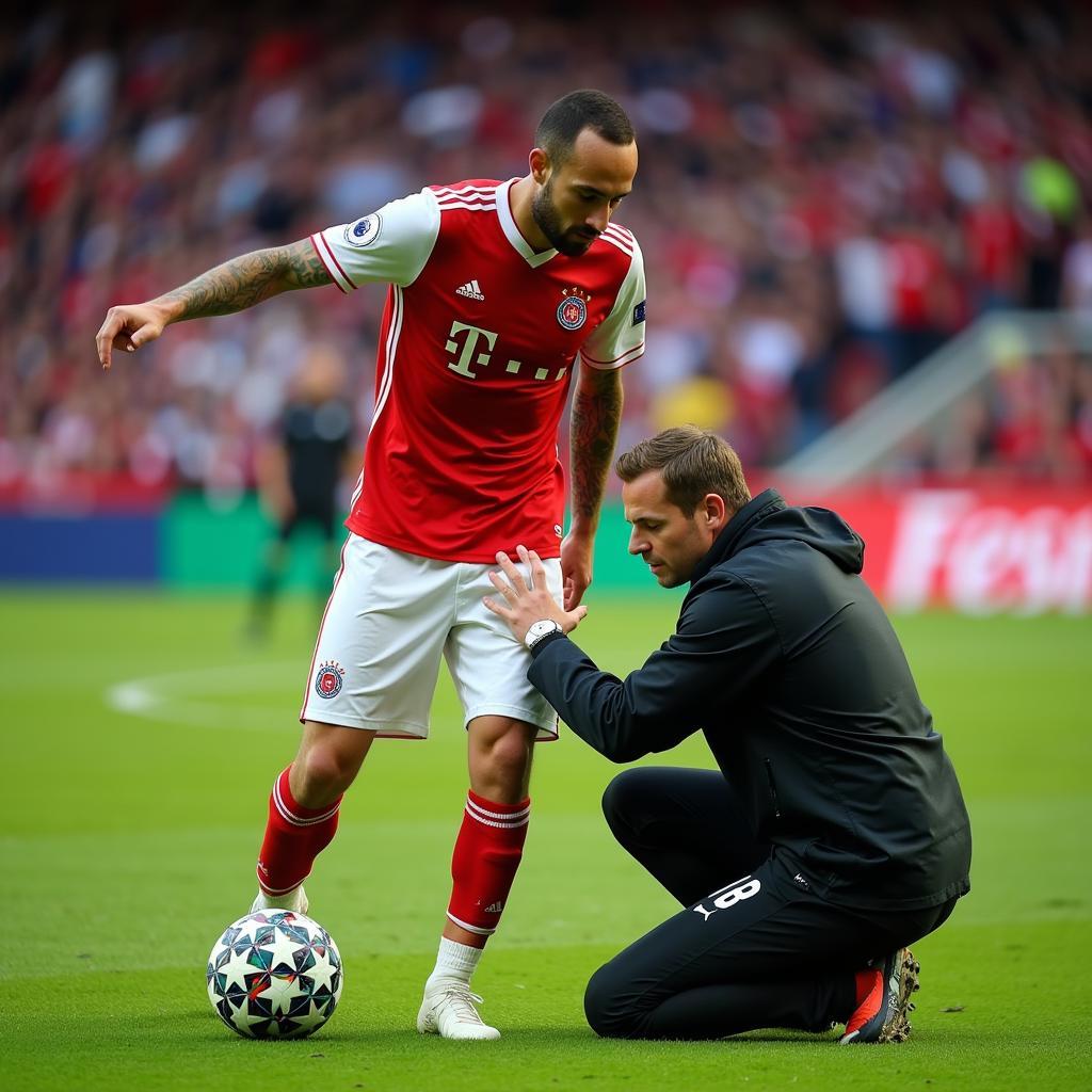 Dr. Schneider behandelt einen Spieler von Bayer Leverkusen.