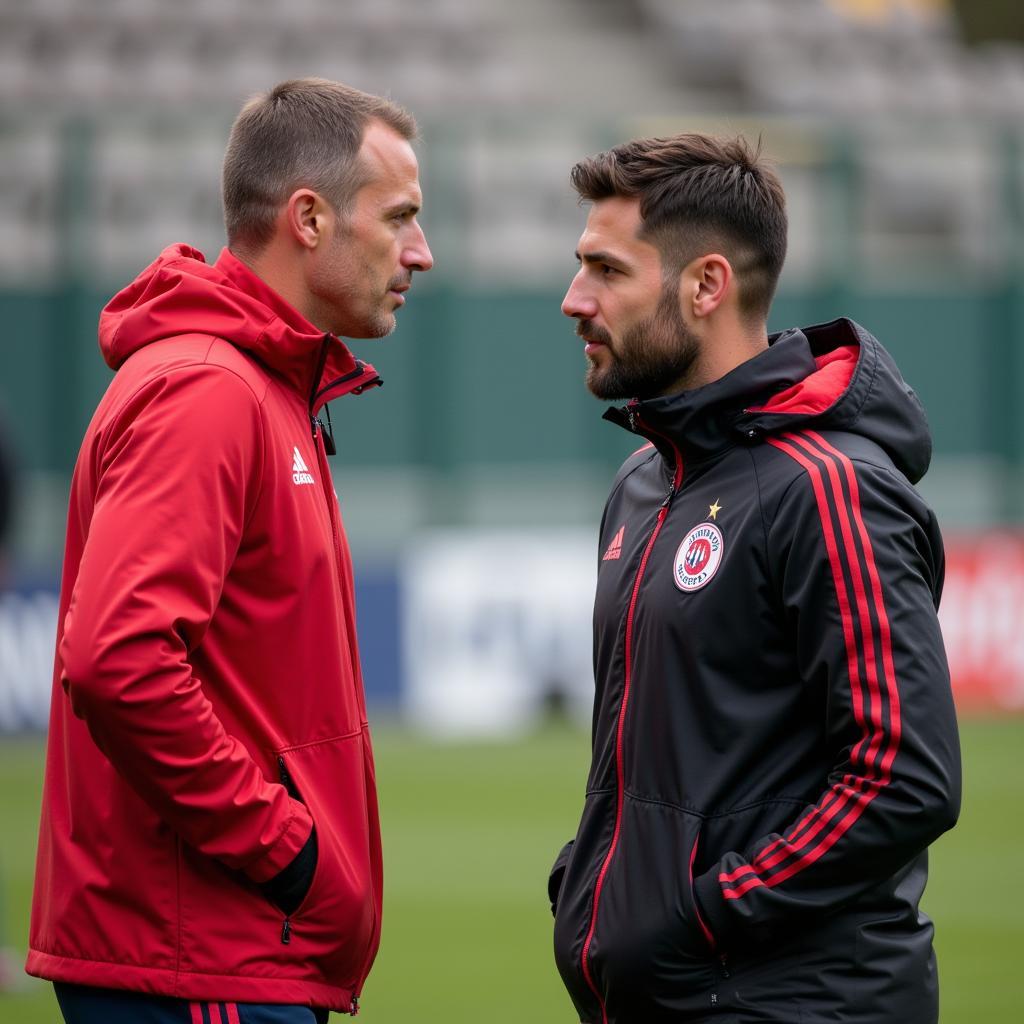 Dr. Schneider im Gespräch mit einem Spieler von Bayer Leverkusen.