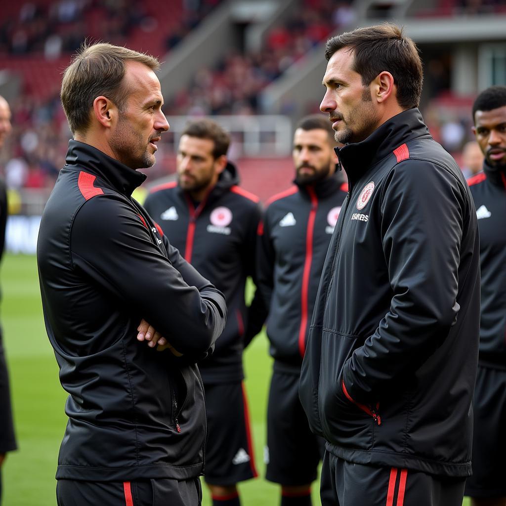 Dr. Wieser im Gespräch mit dem Trainerteam von Bayer 04 Leverkusen.