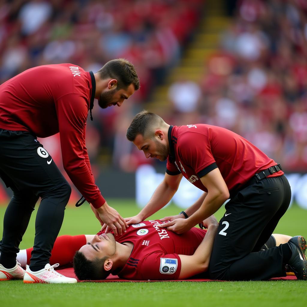 Dr. Xu Leverkusen behandelt einen Spieler von Bayer 04 Leverkusen.