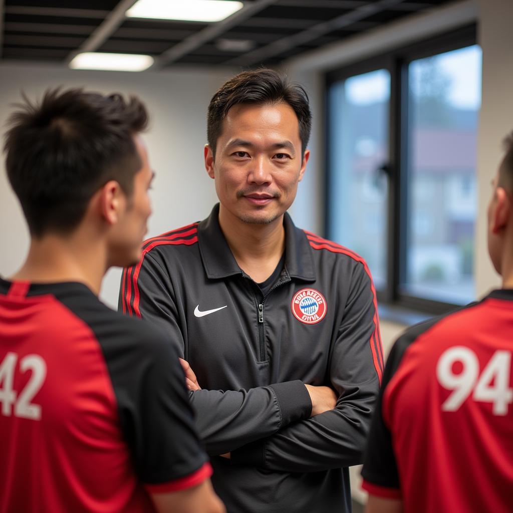 Dr. Xu Leverkusen im Gespräch mit Spielern über Sportmedizin.