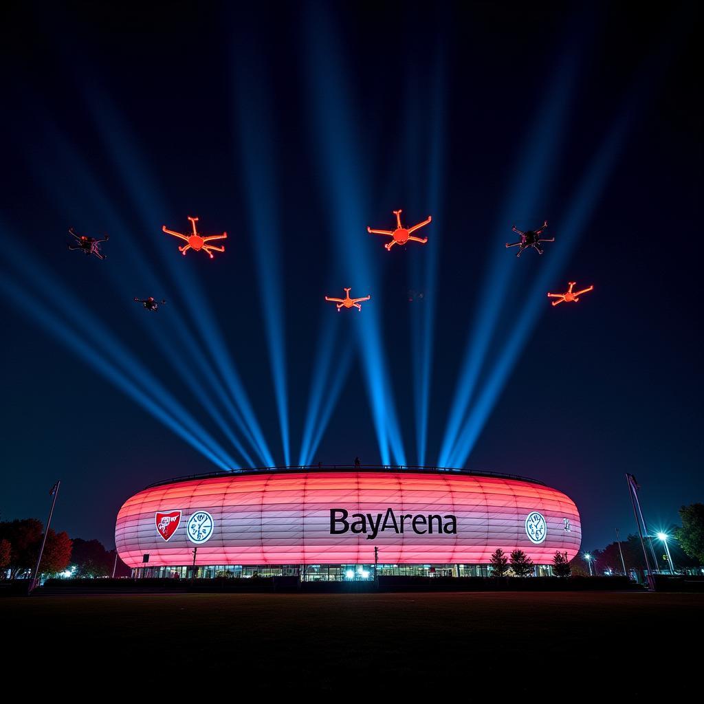 Drohnenshow über der BayArena Leverkusen bei Nacht