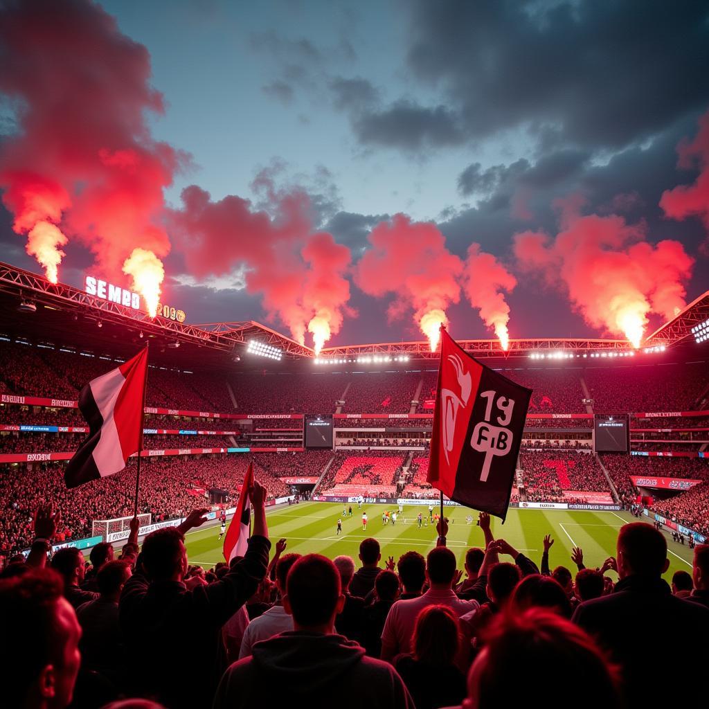 Fans von Eintracht Frankfurt und Bayer Leverkusen im Stadion