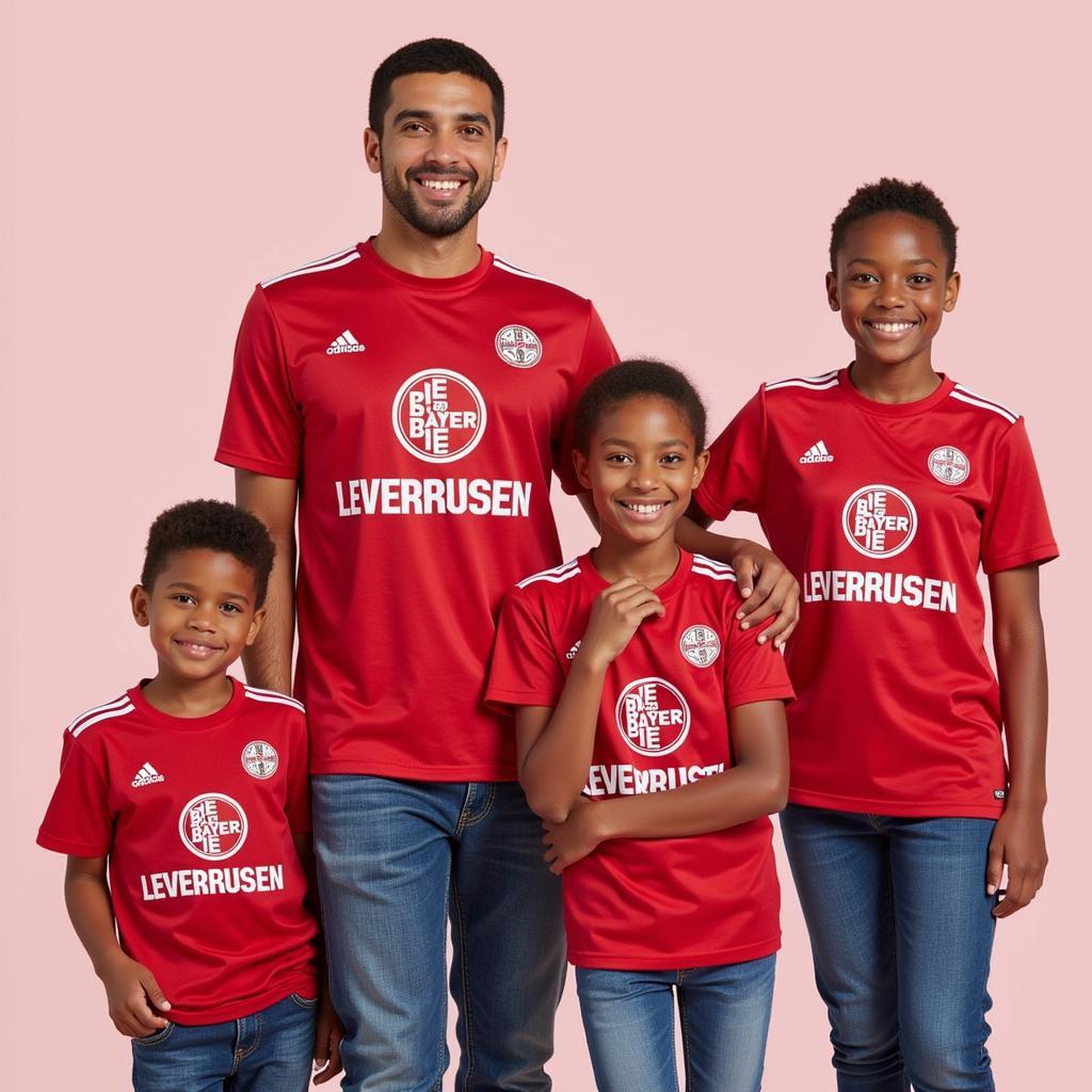 Ernstings Family Leverkusen Familie: Eine Familie trägt stolz verschiedene Bayer Leverkusen Fanartikel von Ernstings Family.