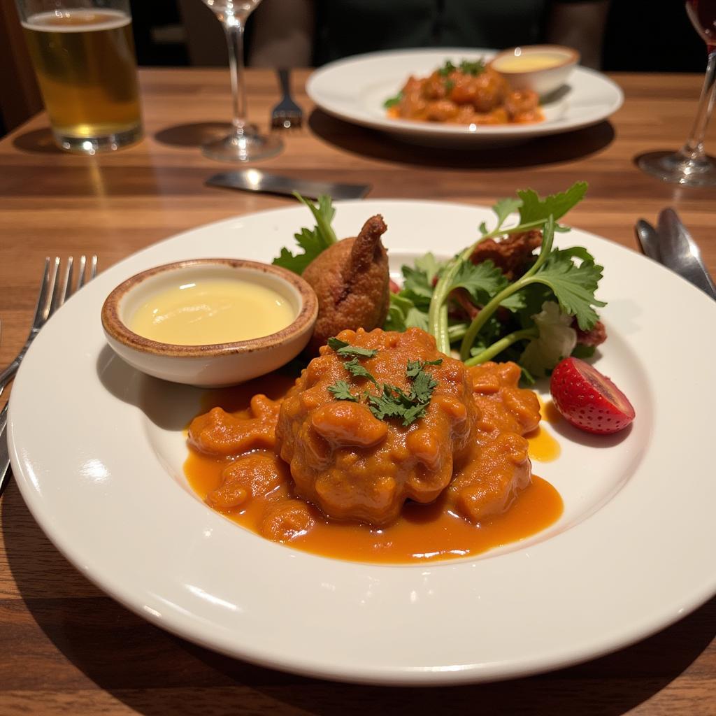 Ein Teller mit regionalen Spezialitäten, serviert in einem Fachwerk Restaurant in Leverkusen