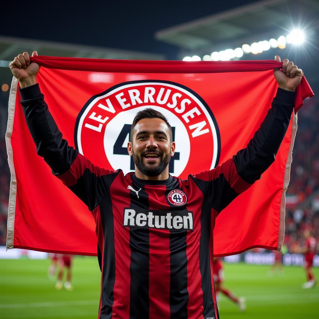 Fan mit Bayer 04 Leverkusen Banner